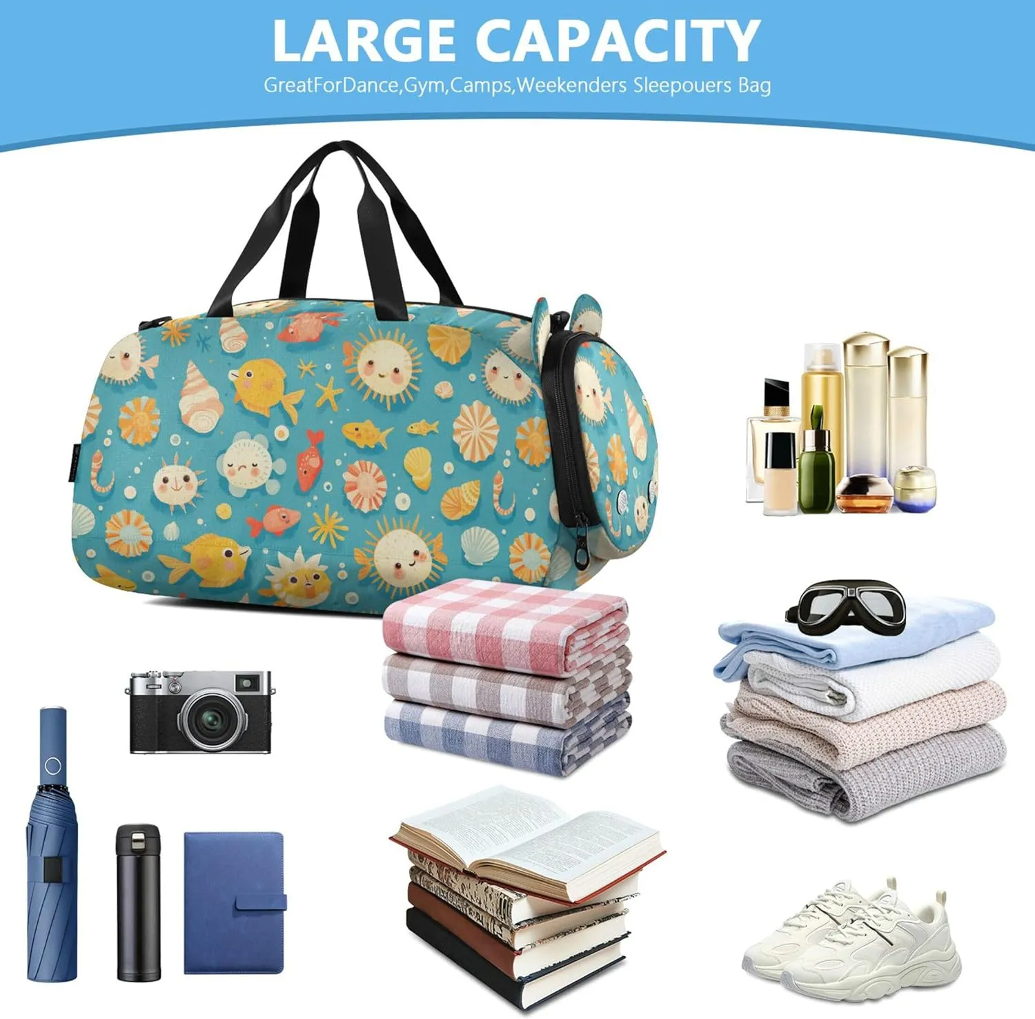 Cute Fish Seashells Girl's Gym Duffel Bag with Shoes Compartment Lightweight Overnight Bag for Boys and Girls