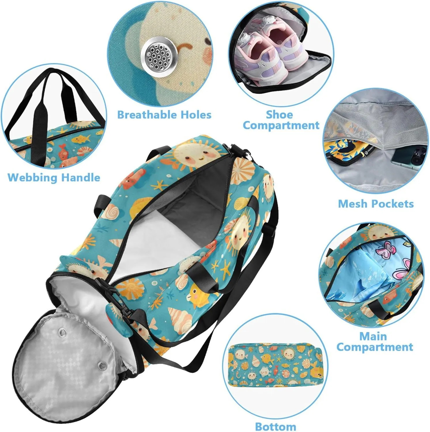 Cute Fish Seashells Girl's Gym Duffel Bag with Shoes Compartment Lightweight Overnight Bag for Boys and Girls