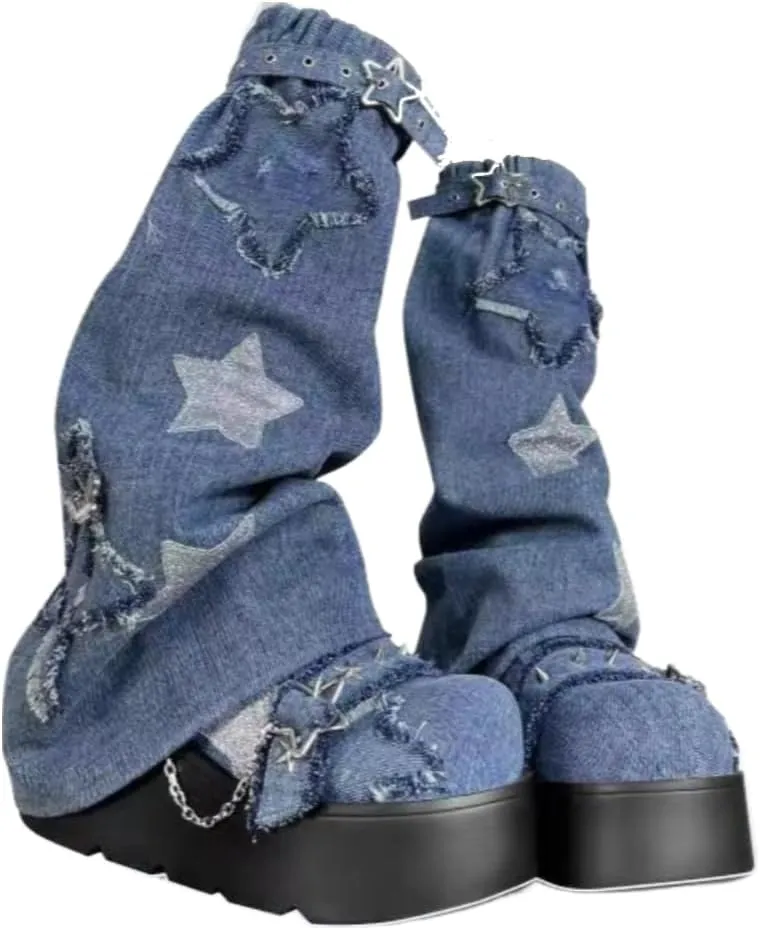 Cute Goth Star Shoes for Women with 2 Charms Chunky Platform Lace-up Thick Soles Round Toe Shoes Kawaii Punk Y2K Aesthetic Lolita Trendy Gifts for Girls with Accessories Including Chains and Stars