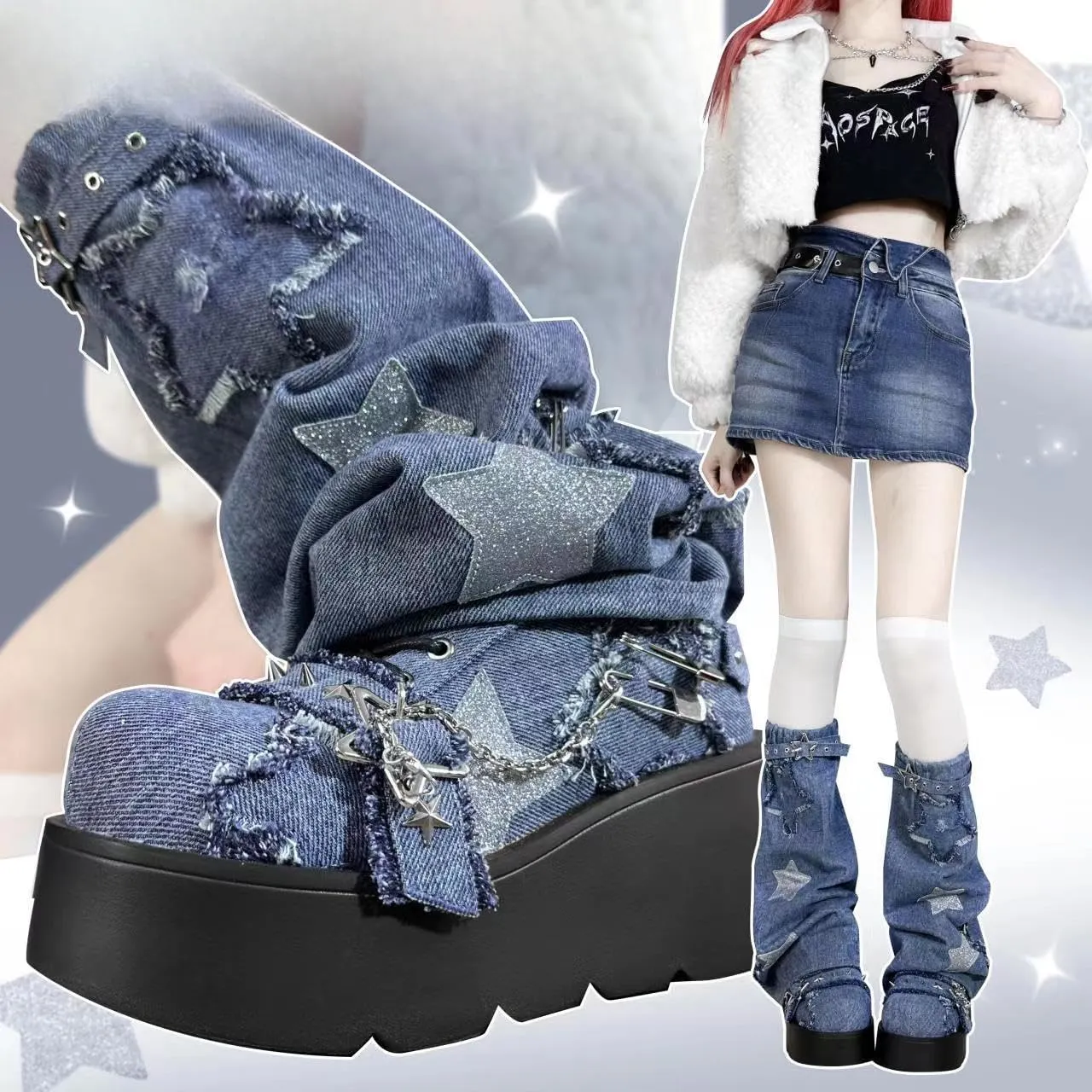 Cute Goth Star Shoes for Women with 2 Charms Chunky Platform Lace-up Thick Soles Round Toe Shoes Kawaii Punk Y2K Aesthetic Lolita Trendy Gifts for Girls with Accessories Including Chains and Stars