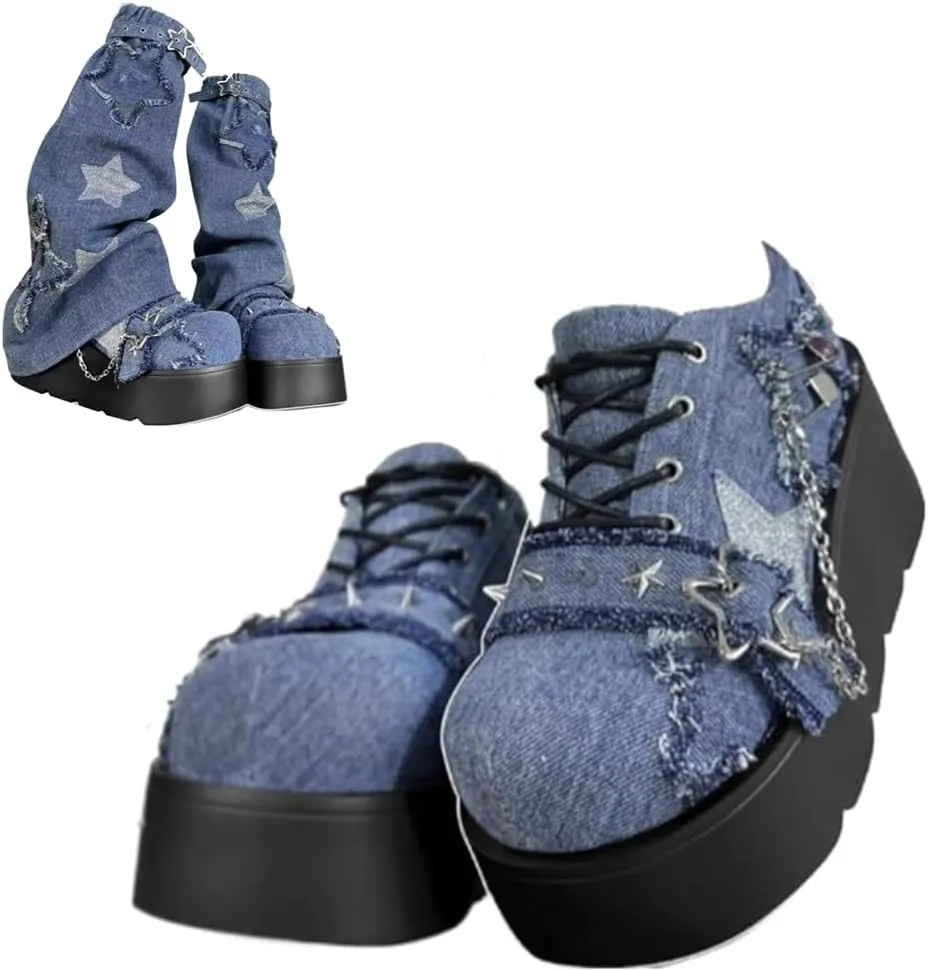 Cute Goth Star Shoes for Women with 2 Charms Chunky Platform Lace-up Thick Soles Round Toe Shoes Kawaii Punk Y2K Aesthetic Lolita Trendy Gifts for Girls with Accessories Including Chains and Stars