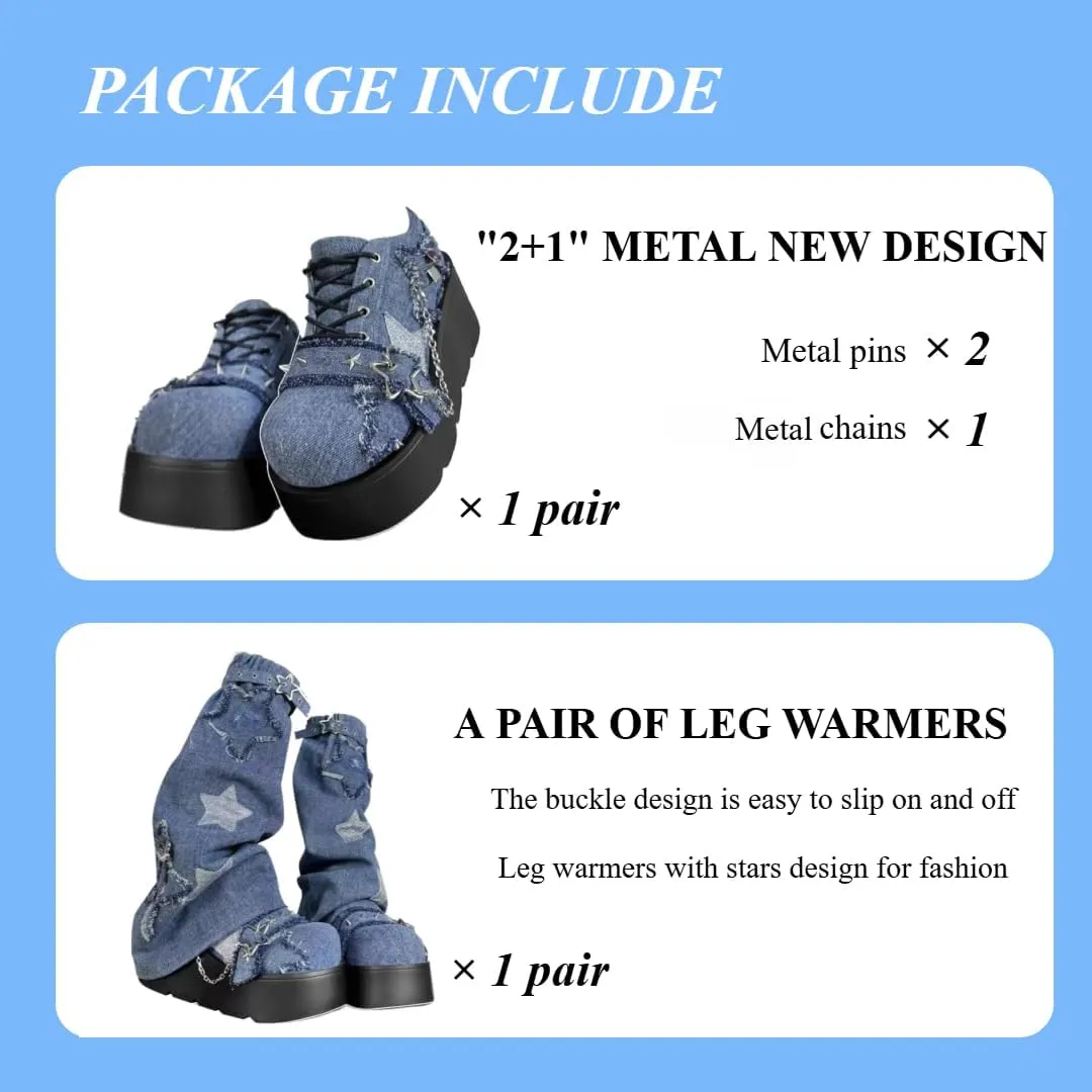Cute Goth Star Shoes for Women with 2 Charms Chunky Platform Lace-up Thick Soles Round Toe Shoes Kawaii Punk Y2K Aesthetic Lolita Trendy Gifts for Girls with Accessories Including Chains and Stars