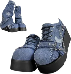 Cute Goth Star Shoes for Women with 2 Charms Chunky Platform Lace-up Thick Soles Round Toe Shoes Kawaii Punk Y2K Aesthetic Lolita Trendy Gifts for Girls with Accessories Including Chains and Stars