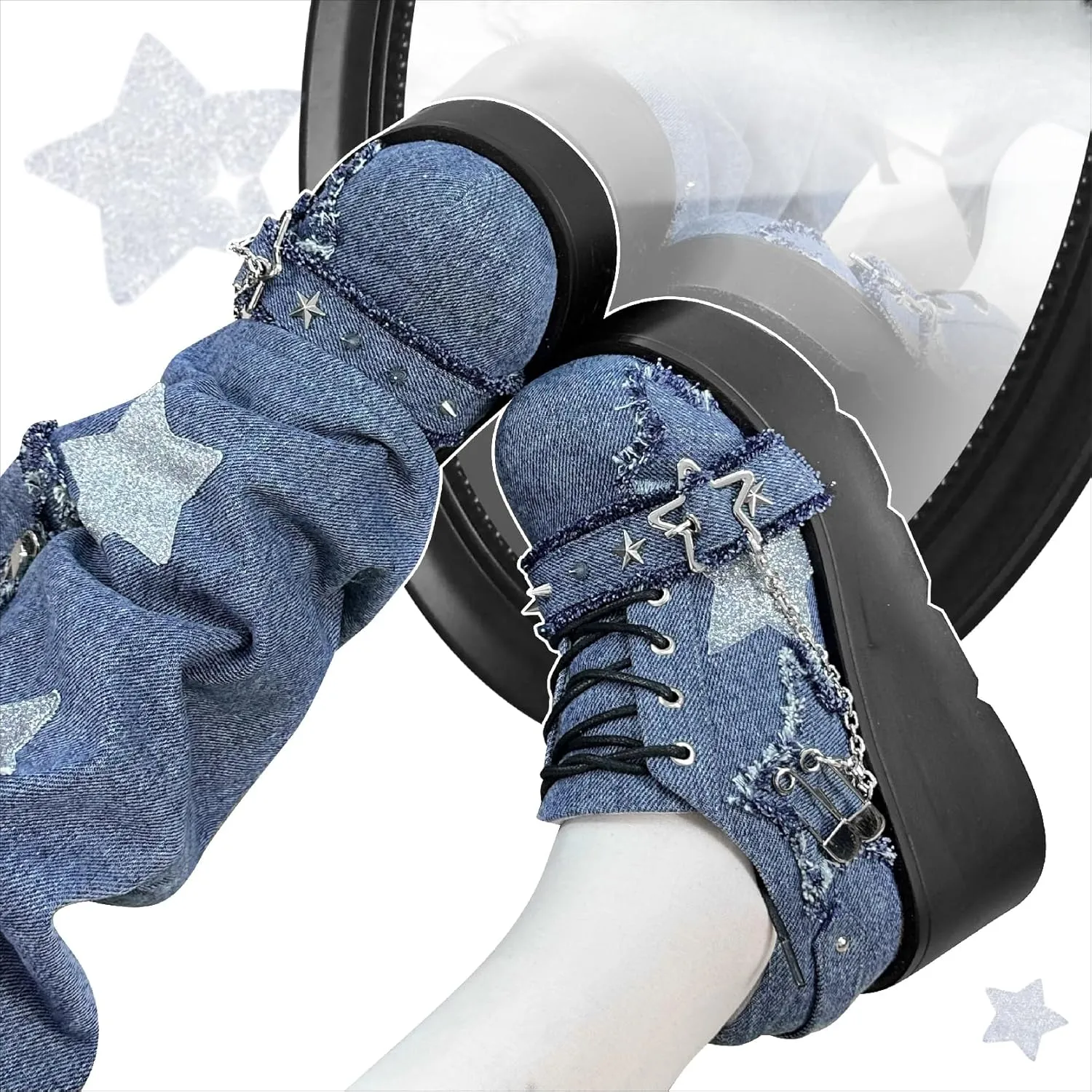 Cute Goth Star Shoes for Women with 2 Charms Chunky Platform Lace-up Thick Soles Round Toe Shoes Kawaii Punk Y2K Aesthetic Lolita Trendy Gifts for Girls with Accessories Including Chains and Stars
