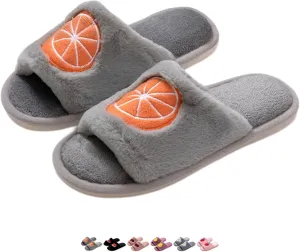 Cute Strawberry Slippers for Women Indoor Home Plush Cotton Cherry Non-Slip Slides Open Toe House Shoes Soft Sole Bedroom
