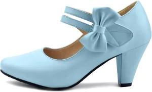 Cute Women's Mary Janes Block Chunky Heels Chic Ankle Strap Pumps Bow Closed Toe Comfort Shoes with Hook Loop