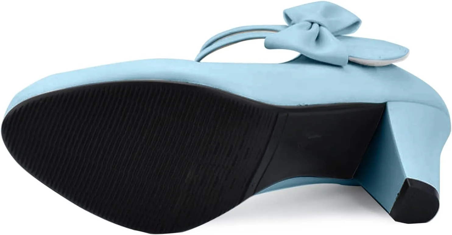 Cute Women's Mary Janes Block Chunky Heels Chic Ankle Strap Pumps Bow Closed Toe Comfort Shoes with Hook Loop
