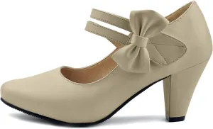 Cute Women's Mary Janes Block Chunky Heels Chic Ankle Strap Pumps Bow Closed Toe Comfort Shoes with Hook Loop