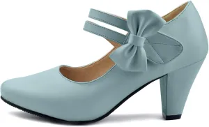 Cute Women's Mary Janes Block Chunky Heels Chic Ankle Strap Pumps Bow Closed Toe Comfort Shoes with Hook Loop
