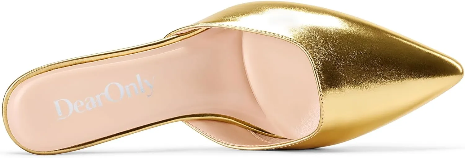 DearOnly Womens Pointed Toe Kitten Heel Mules Slip-on Stiletto Mid Heel Sandals Prom Dress Shoes 2.6 Inches Heels