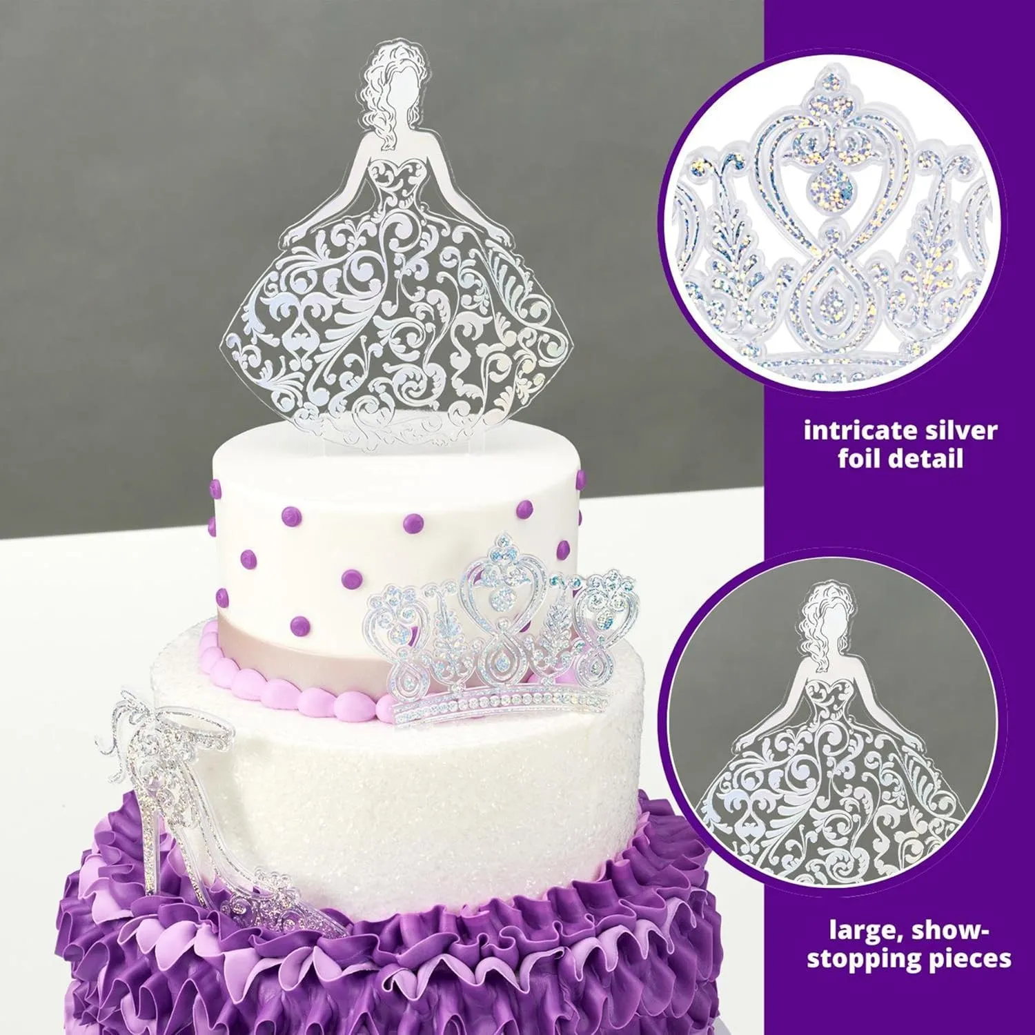 DecoPac Quinceanera Cake Topper, Glitter Cake Topper, Silver Cake Decoration, 3 Piece Set