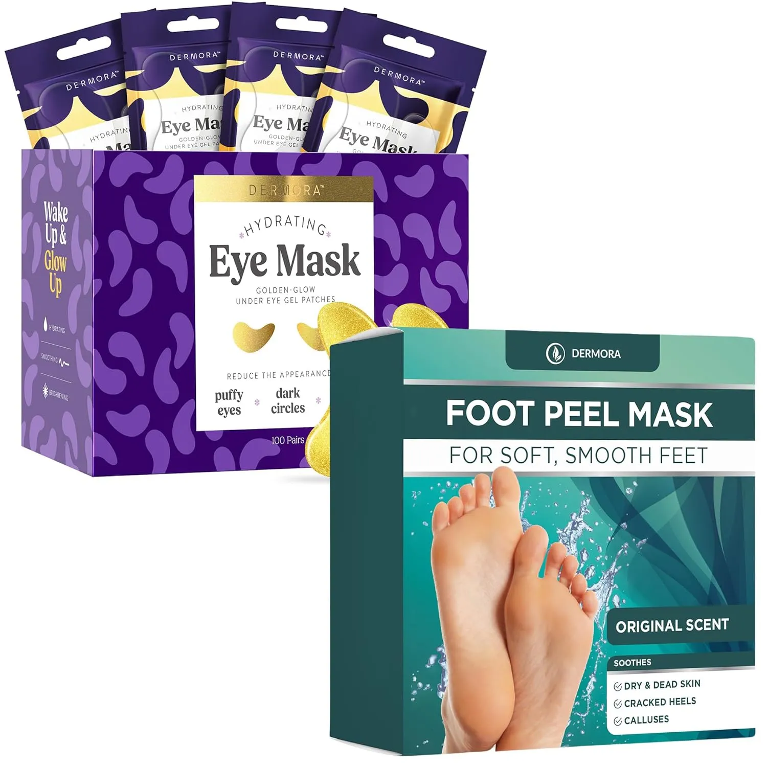 DERMORA Golden Glow Under Eye Patches 100 Pairs and Original Foot Peel Masks 2 Pack