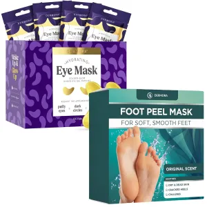 DERMORA Golden Glow Under Eye Patches 100 Pairs and Original Foot Peel Masks 2 Pack