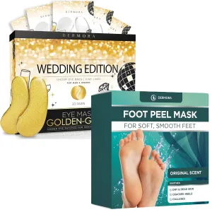 DERMORA Golden Glow Under Eye Patches 20 Pairs and Original Foot Peel Masks 2 Pack