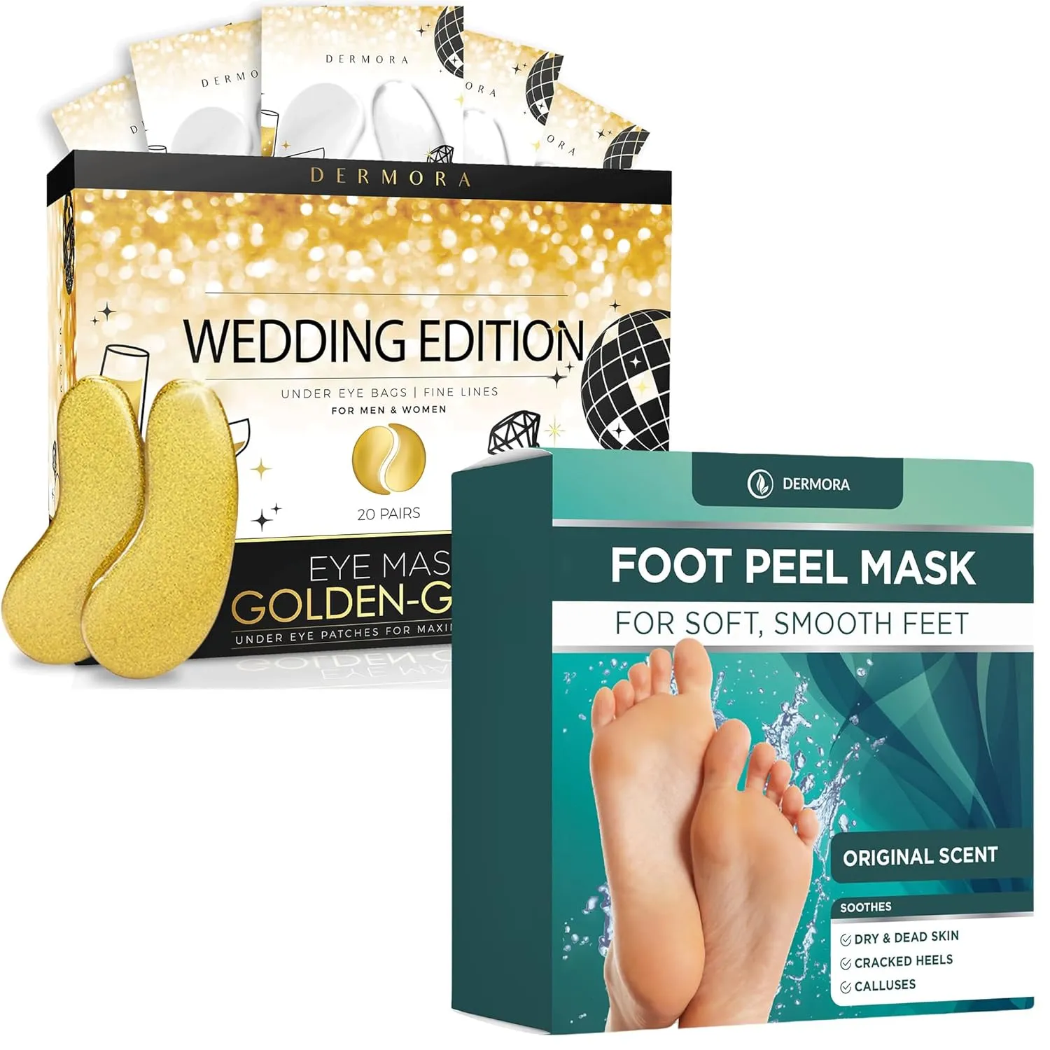 DERMORA Golden Glow Under Eye Patches 20 Pairs and Original Foot Peel Masks 2 Pack