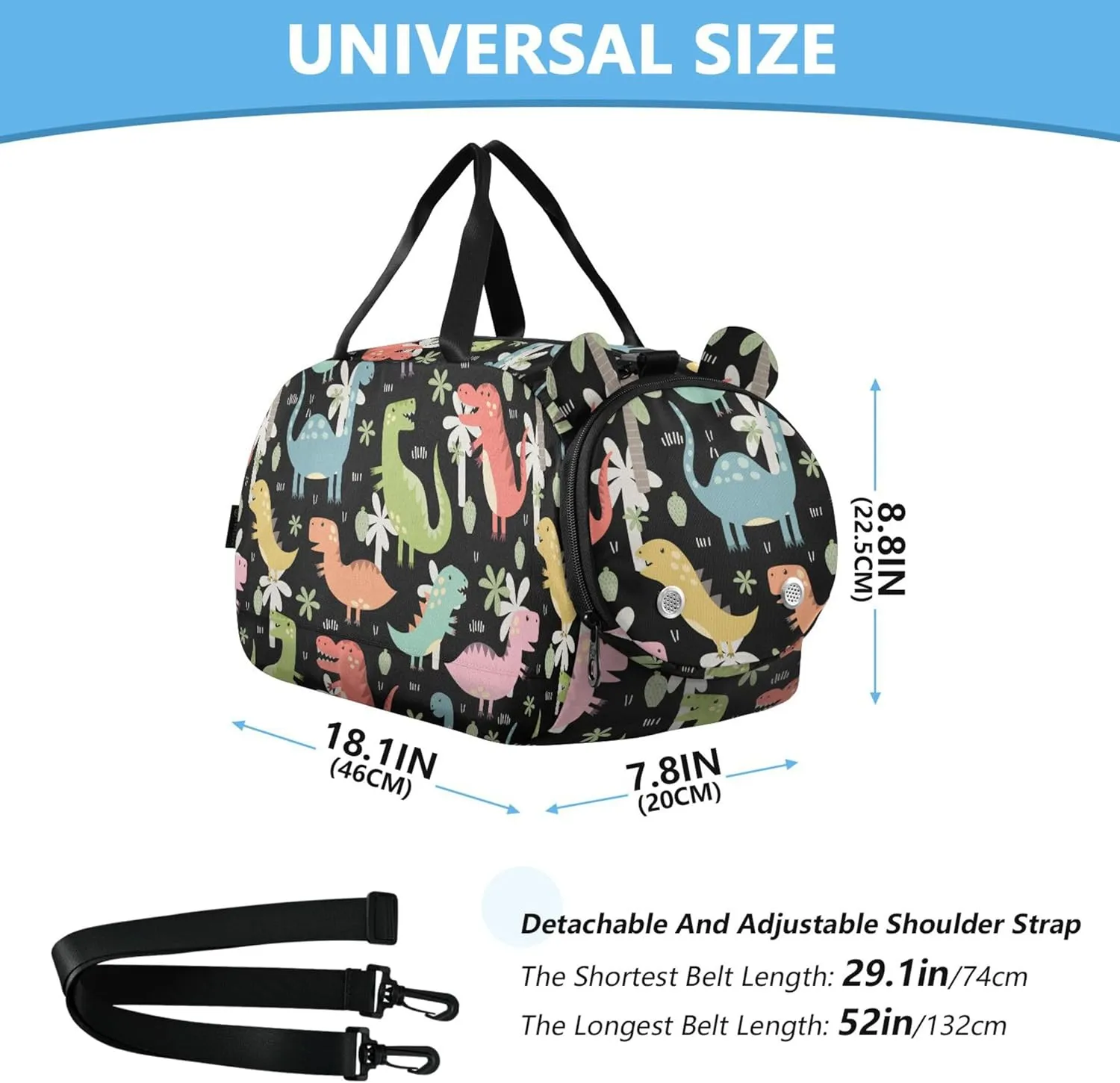 Dinos Duffel Gym Bags with Shoes Compartment Multifunctional Carry On Overnight Bag for Boys and Girls