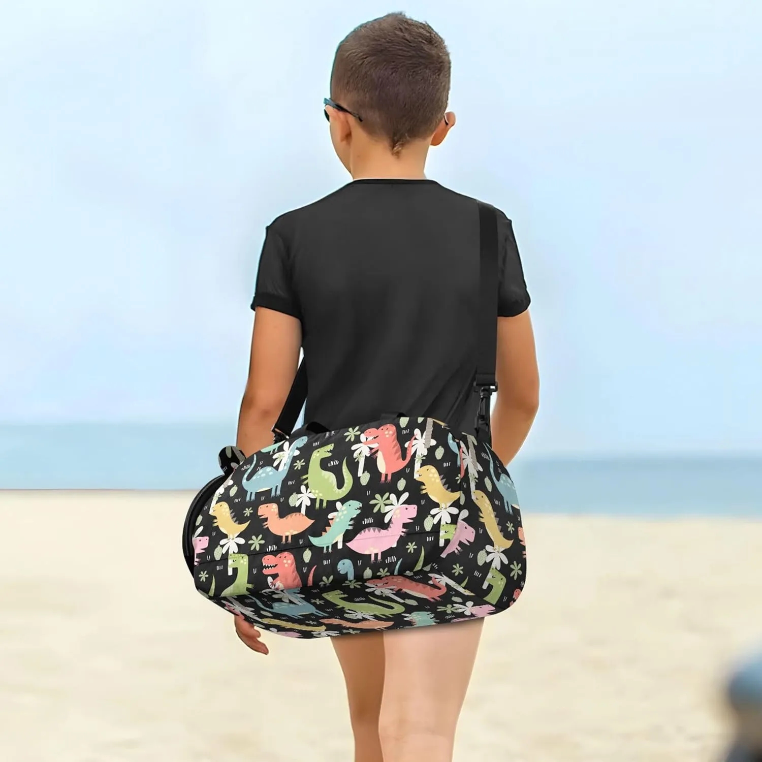 Dinos Duffel Gym Bags with Shoes Compartment Multifunctional Carry On Overnight Bag for Boys and Girls