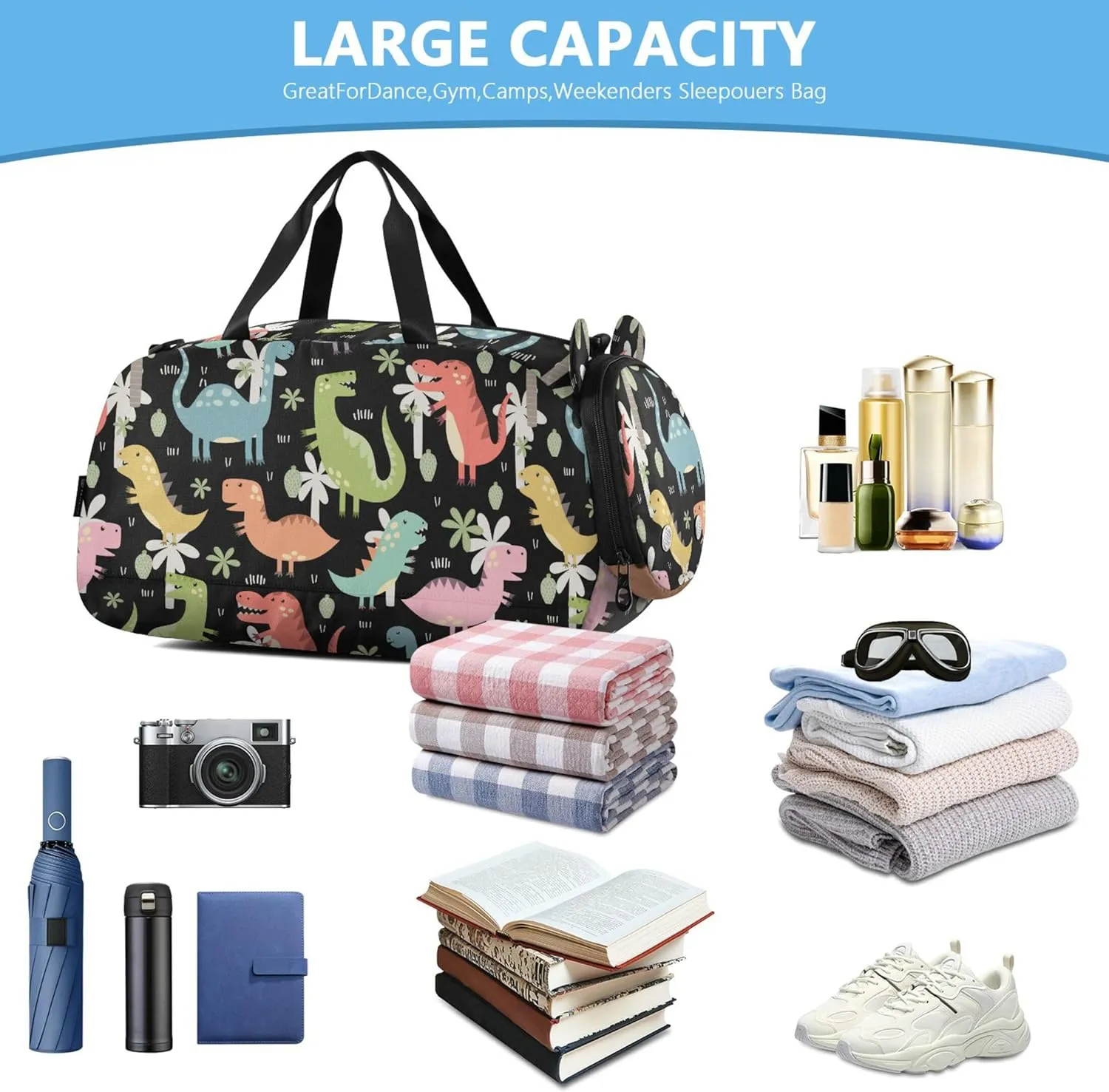 Dinos Duffel Gym Bags with Shoes Compartment Multifunctional Carry On Overnight Bag for Boys and Girls