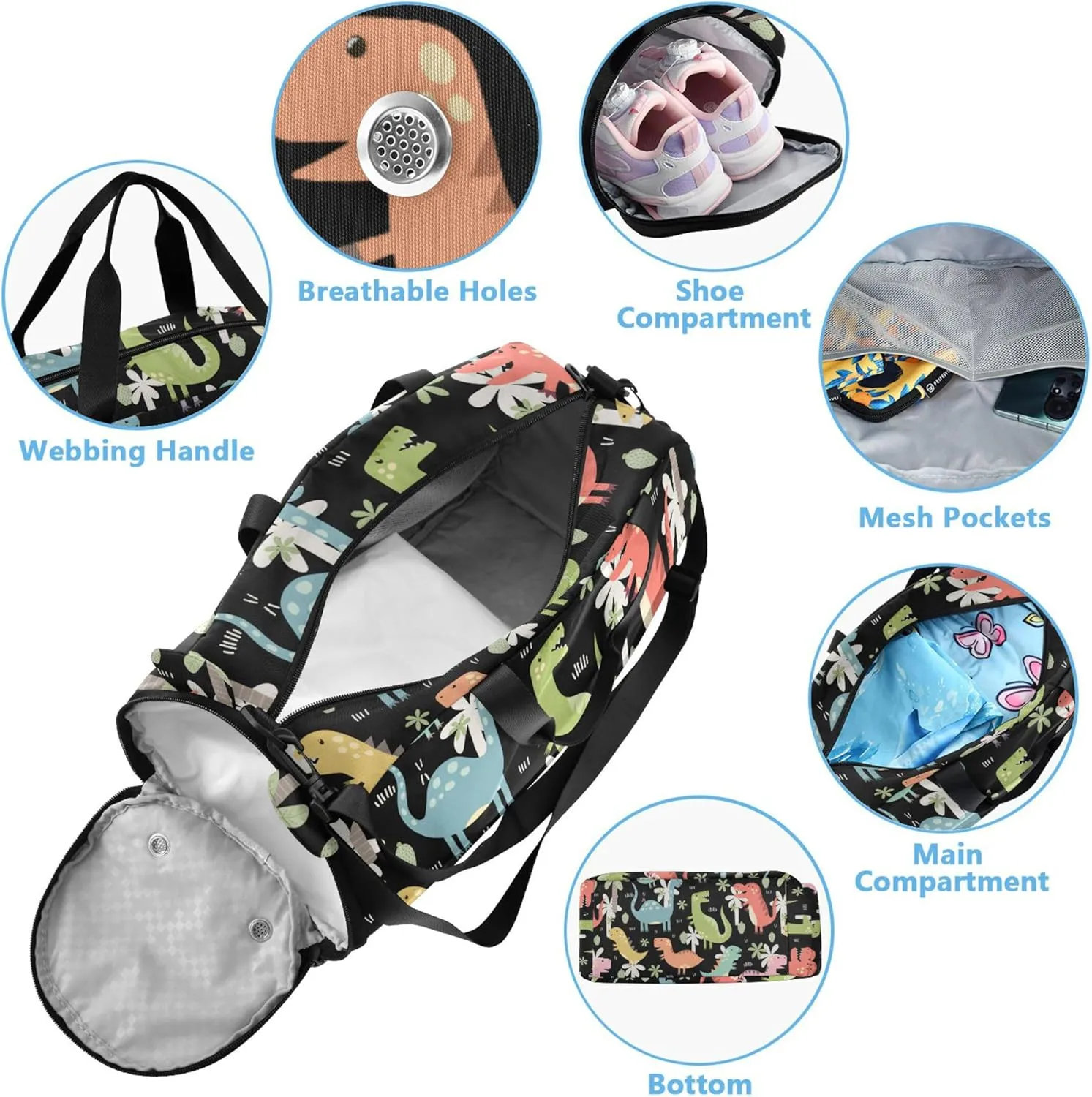Dinos Duffel Gym Bags with Shoes Compartment Multifunctional Carry On Overnight Bag for Boys and Girls