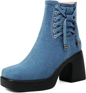 DINTAHA Denim Chunky Platform Ankle Boots Square Toe Ankle Boots High Heeled Booties