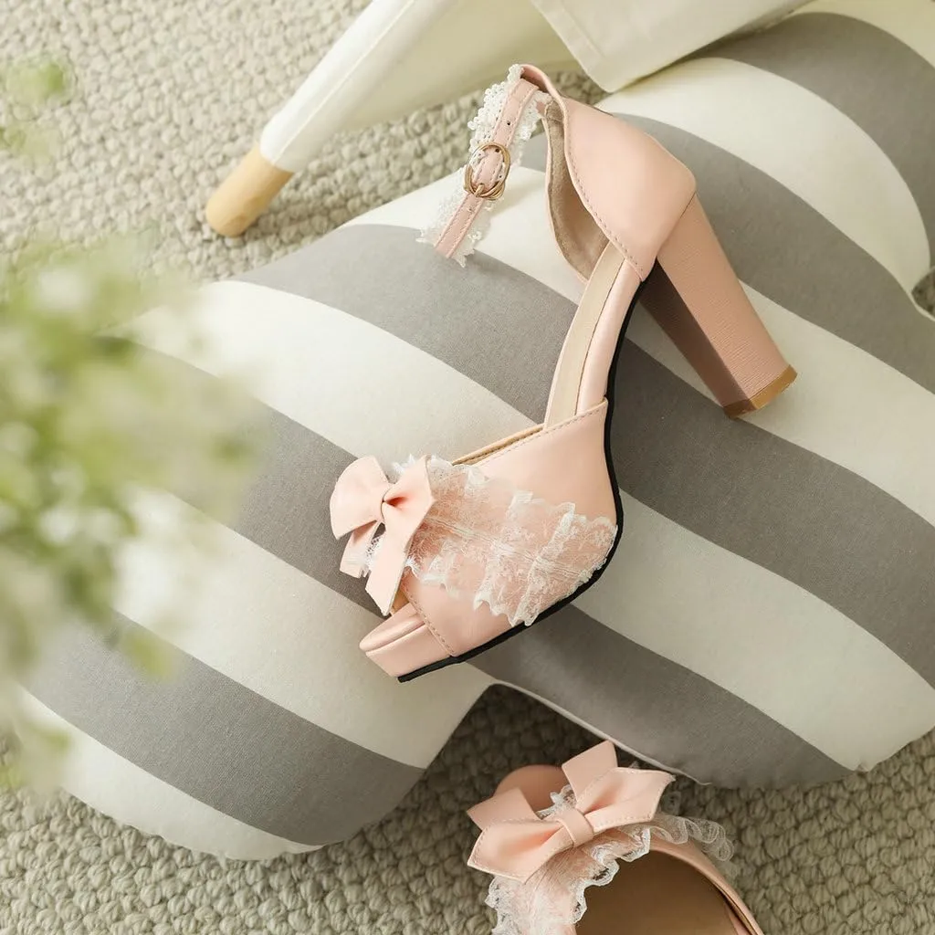 DINTAHA Kawaii Lolita Bow Platform Heels,Chunky Peep Toe Sandals,Lace Heels For Women