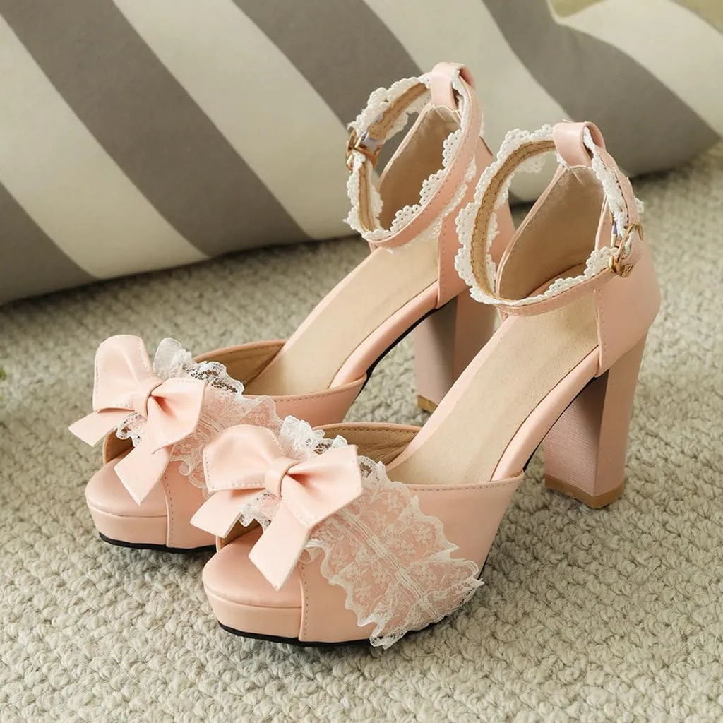 DINTAHA Kawaii Lolita Bow Platform Heels,Chunky Peep Toe Sandals,Lace Heels For Women