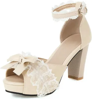 DINTAHA Kawaii Lolita Bow Platform Heels,Chunky Peep Toe Sandals,Lace Heels For Women