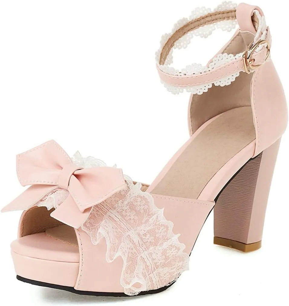 DINTAHA Kawaii Lolita Bow Platform Heels,Chunky Peep Toe Sandals,Lace Heels For Women