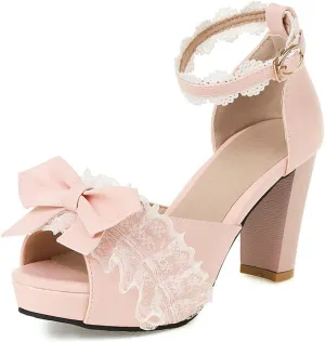 DINTAHA Kawaii Lolita Bow Platform Heels,Chunky Peep Toe Sandals,Lace Heels For Women