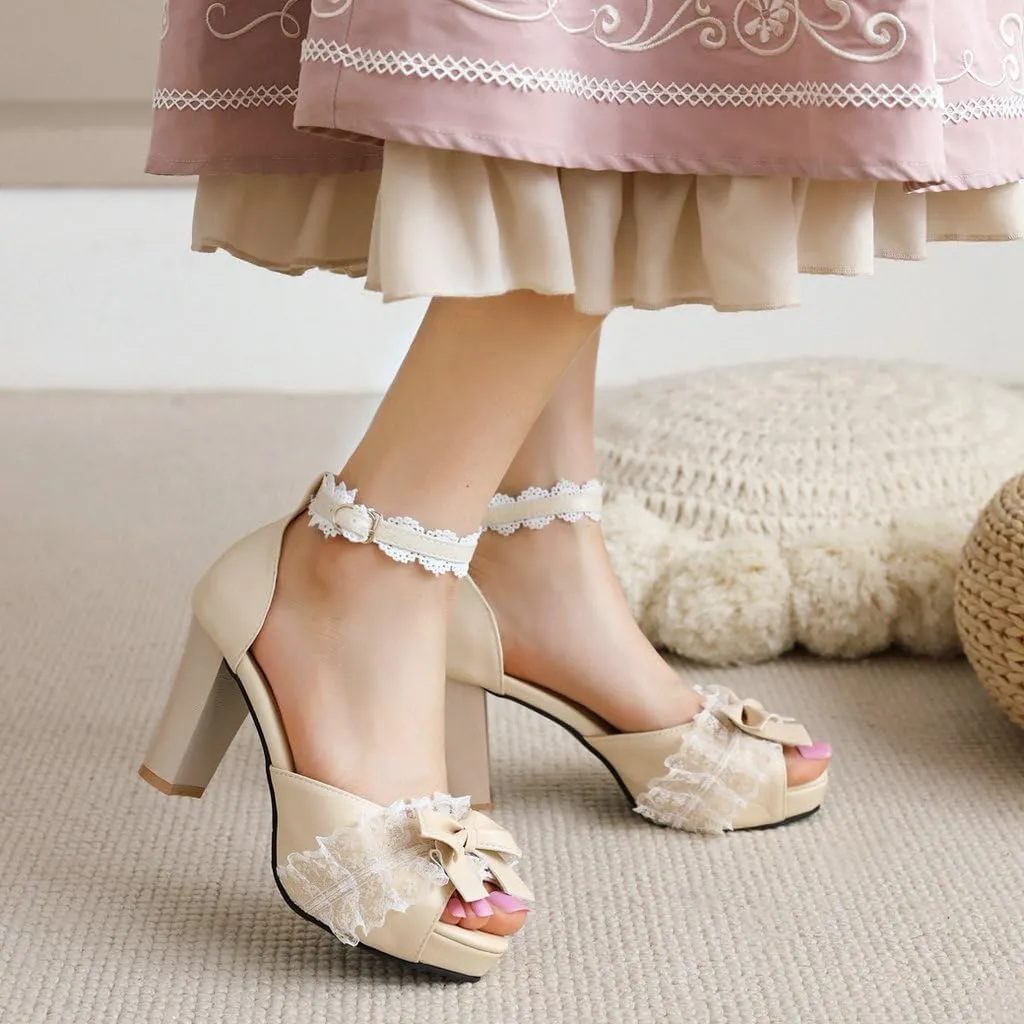 DINTAHA Kawaii Lolita Bow Platform Heels,Chunky Peep Toe Sandals,Lace Heels For Women