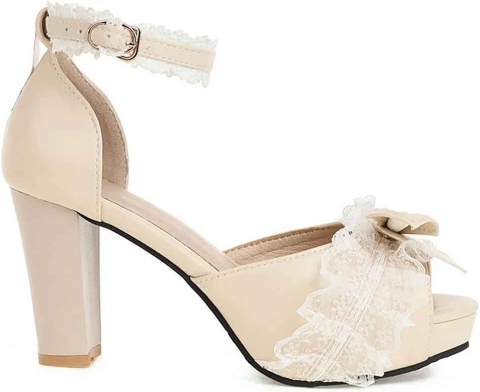 DINTAHA Kawaii Lolita Bow Platform Heels,Chunky Peep Toe Sandals,Lace Heels For Women