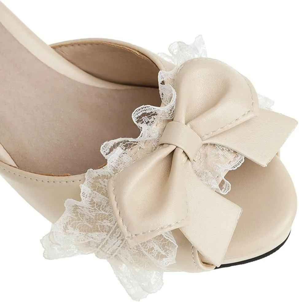 DINTAHA Kawaii Lolita Bow Platform Heels,Chunky Peep Toe Sandals,Lace Heels For Women