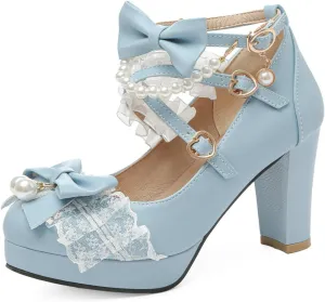 DINTAHA Platform Mary Jane Heels Chunky Cute Gothic Lolita Dress Shoes Bow Platform Heels