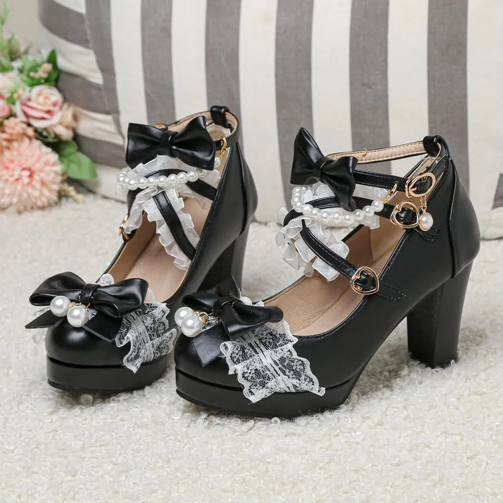 DINTAHA Platform Mary Jane Heels Chunky Cute Gothic Lolita Dress Shoes Bow Platform Heels