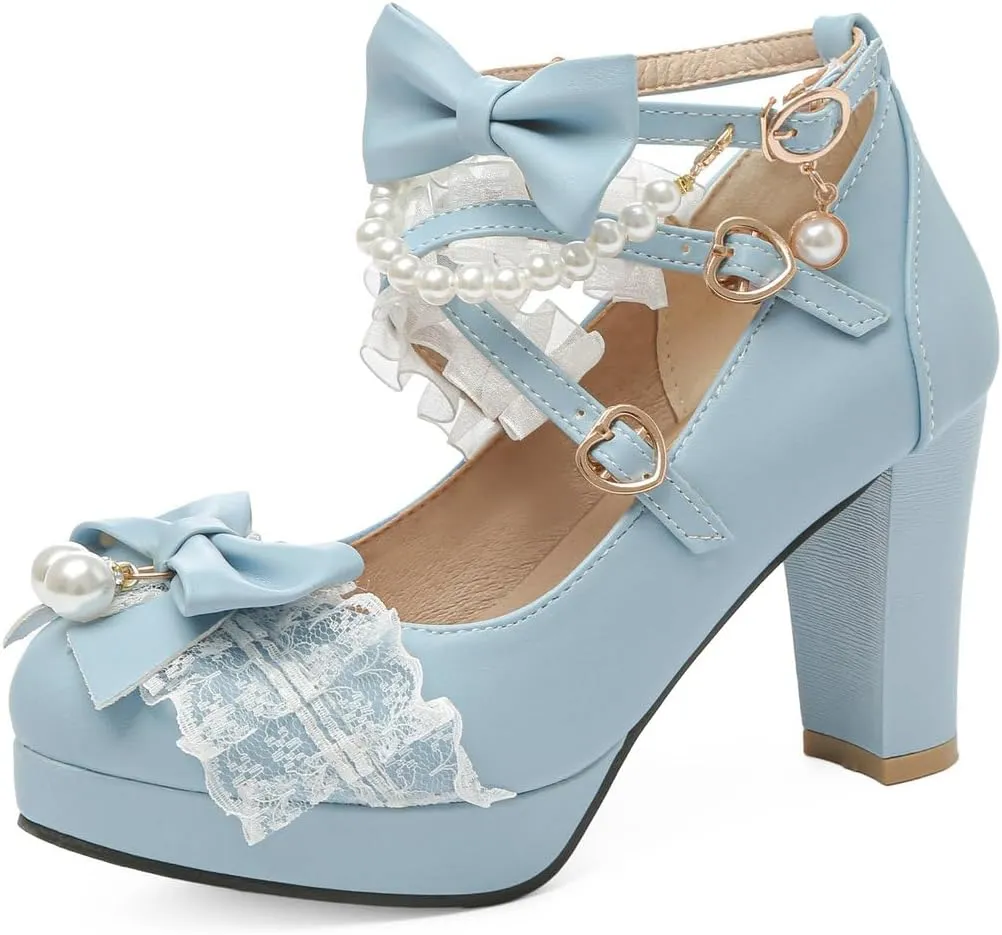 DINTAHA Platform Mary Jane Heels Chunky Cute Gothic Lolita Dress Shoes Bow Platform Heels