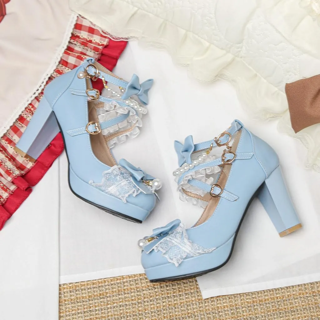 DINTAHA Platform Mary Jane Heels Chunky Cute Gothic Lolita Dress Shoes Bow Platform Heels