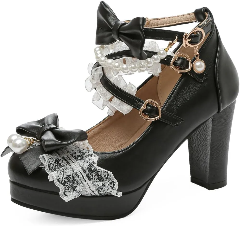 DINTAHA Platform Mary Jane Heels Chunky Cute Gothic Lolita Dress Shoes Bow Platform Heels
