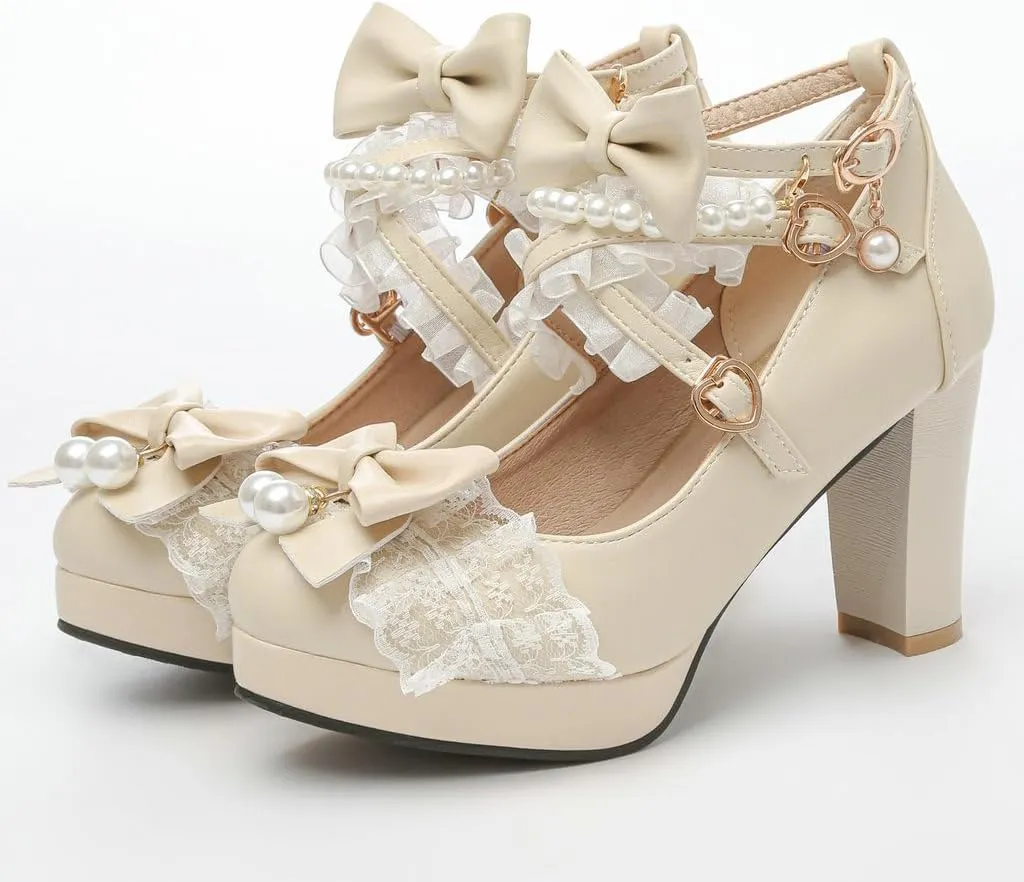 DINTAHA Platform Mary Jane Heels Chunky Cute Gothic Lolita Dress Shoes Bow Platform Heels