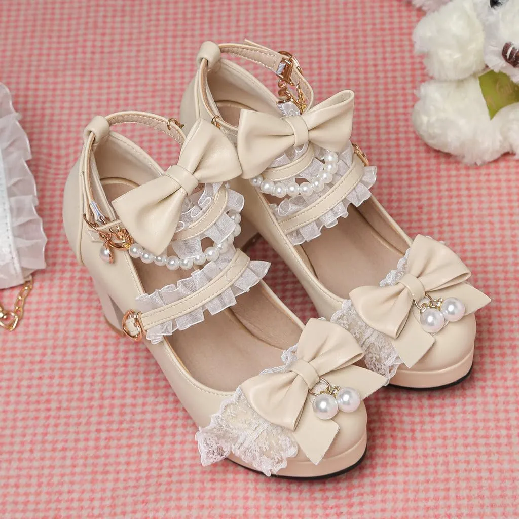 DINTAHA Platform Mary Jane Heels Chunky Cute Gothic Lolita Dress Shoes Bow Platform Heels