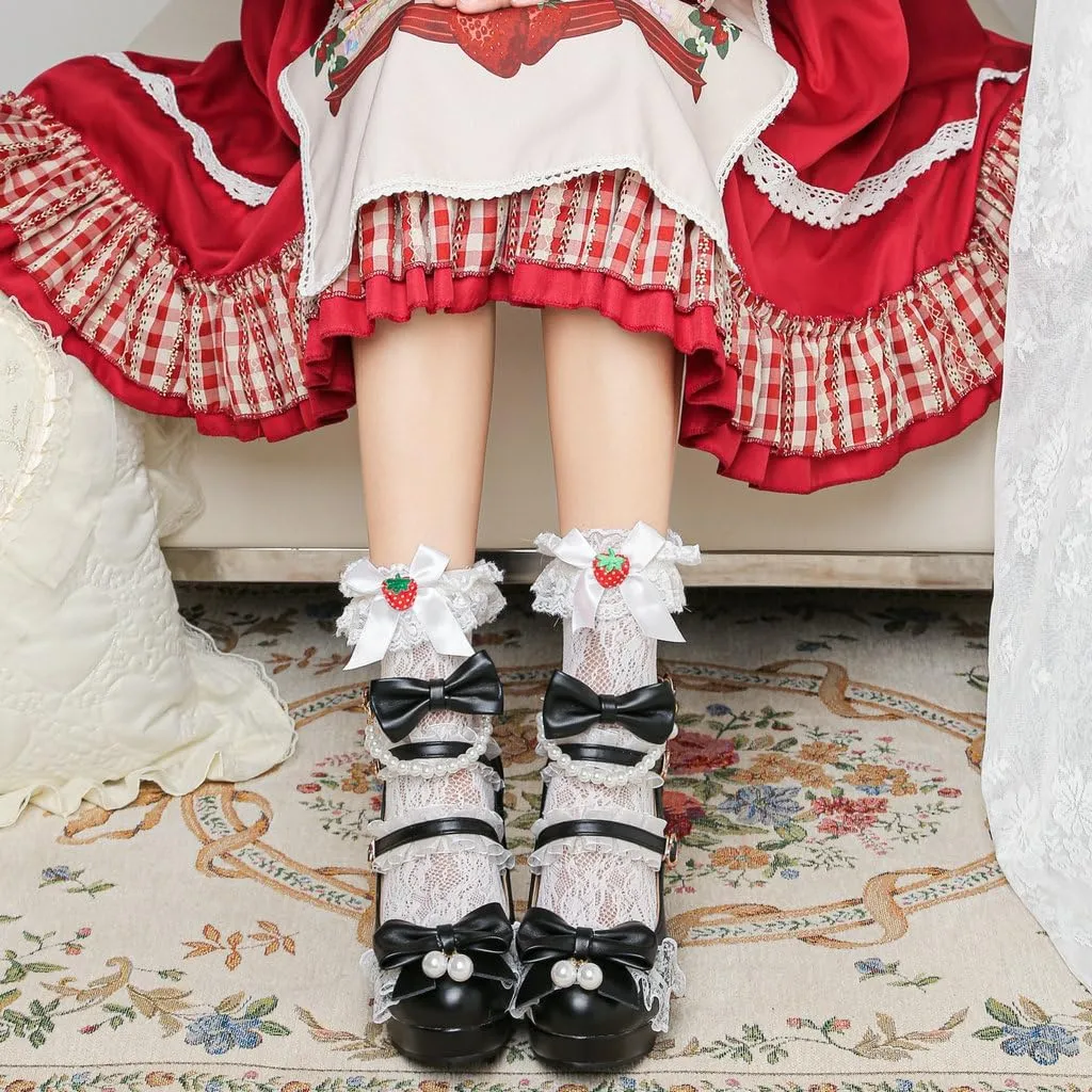 DINTAHA Platform Mary Jane Heels Chunky Cute Gothic Lolita Dress Shoes Bow Platform Heels