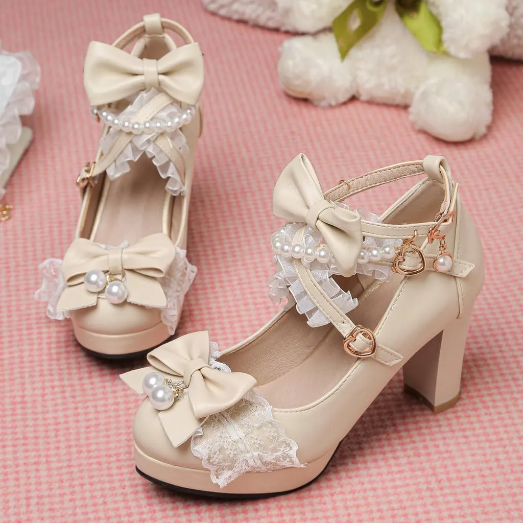 DINTAHA Platform Mary Jane Heels Chunky Cute Gothic Lolita Dress Shoes Bow Platform Heels