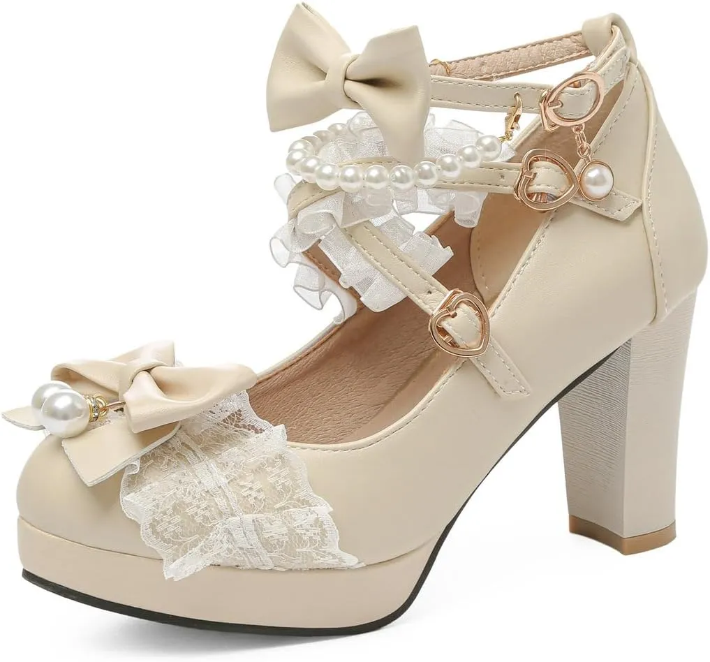 DINTAHA Platform Mary Jane Heels Chunky Cute Gothic Lolita Dress Shoes Bow Platform Heels
