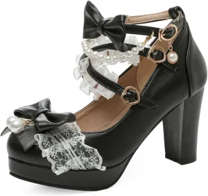DINTAHA Platform Mary Jane Heels Chunky Cute Gothic Lolita Dress Shoes Bow Platform Heels