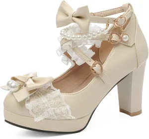 DINTAHA Platform Mary Jane Heels Chunky Cute Gothic Lolita Dress Shoes Bow Platform Heels