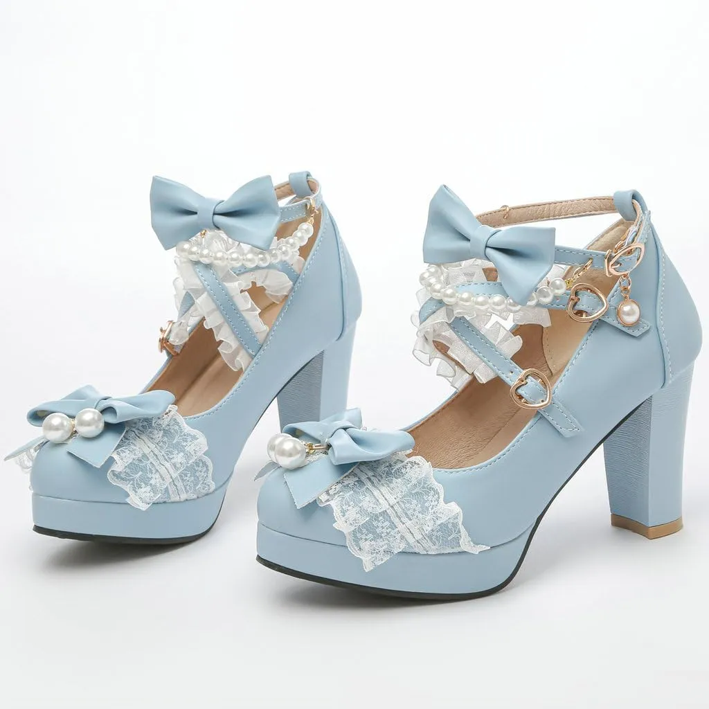 DINTAHA Platform Mary Jane Heels Chunky Cute Gothic Lolita Dress Shoes Bow Platform Heels