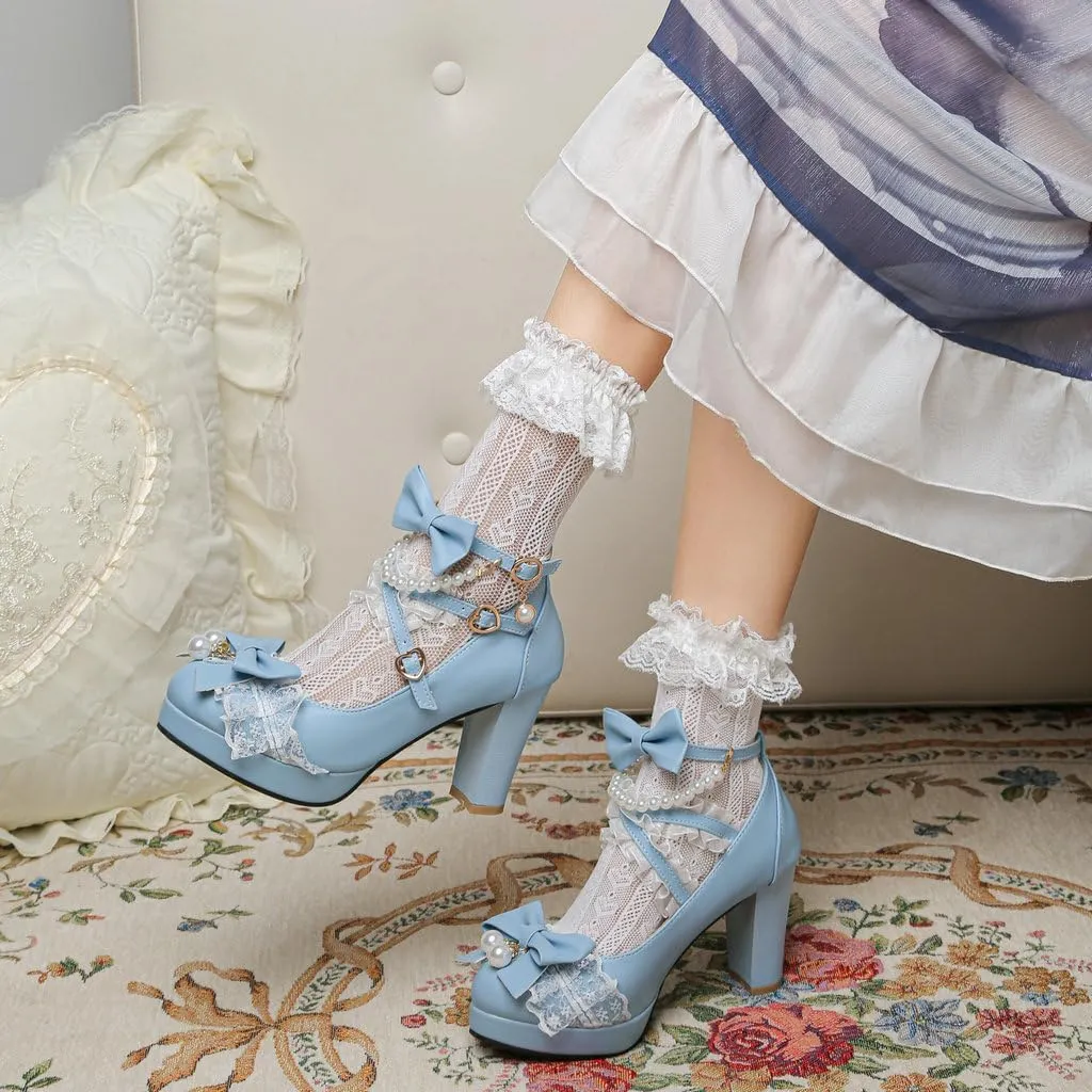 DINTAHA Platform Mary Jane Heels Chunky Cute Gothic Lolita Dress Shoes Bow Platform Heels
