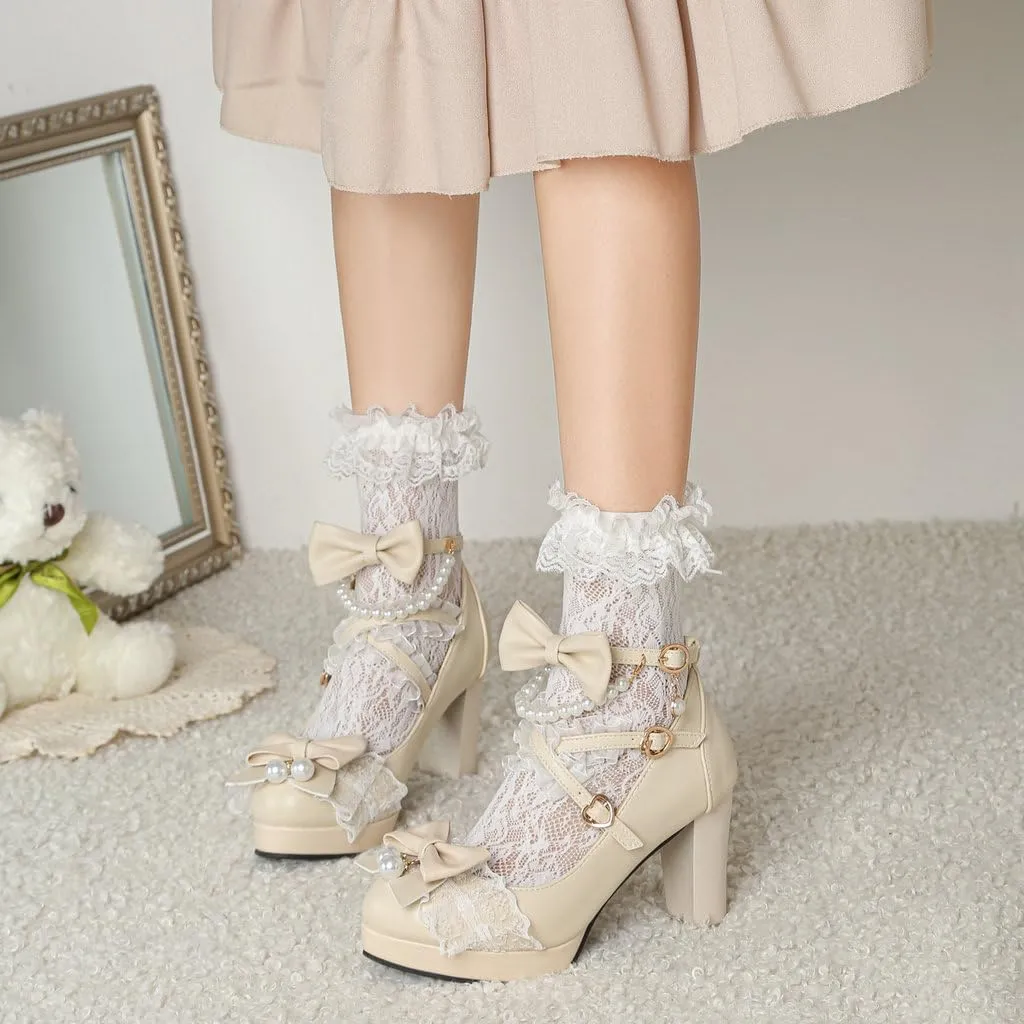 DINTAHA Platform Mary Jane Heels Chunky Cute Gothic Lolita Dress Shoes Bow Platform Heels