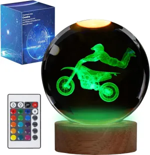 Dirtbike Night Light, Dirtbike Gifts, 3D Crystal Ball Dirtbike Lamp with Remote Upgraded 3.15 Inch with 16 Color for Birthday Xmas Cool Figurines Motorbike Gifts for Room Decor Boys Girls