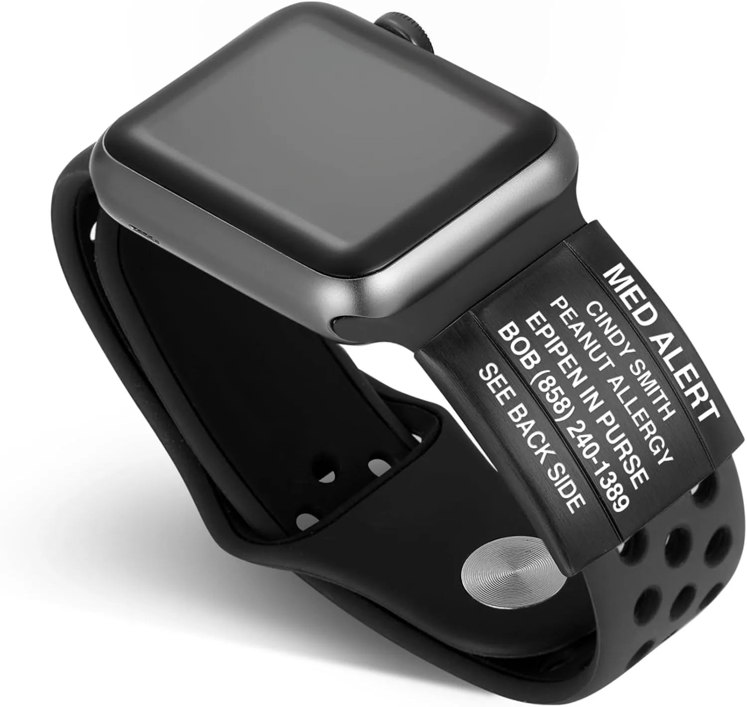 Divoti Dual-Sided Engraved Alert ID Tag for Apple Watches All Series - PVD Black - Text