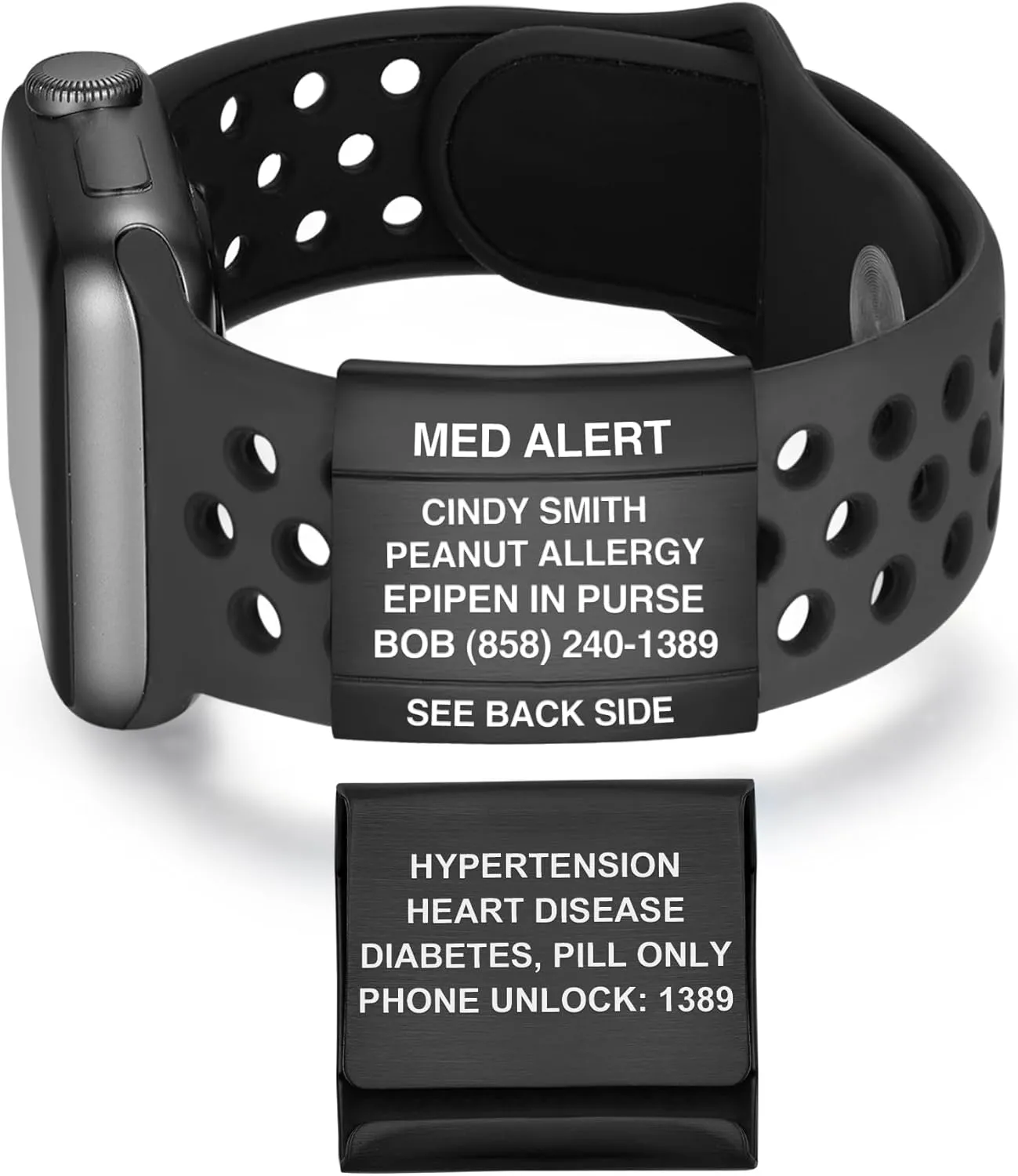 Divoti Dual-Sided Engraved Alert ID Tag for Apple Watches All Series - PVD Black - Text